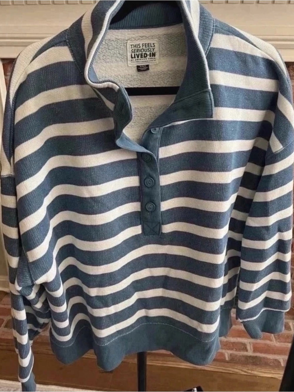 American Eagle Outfitters Blue and White Striped Zip-Neck Sweater